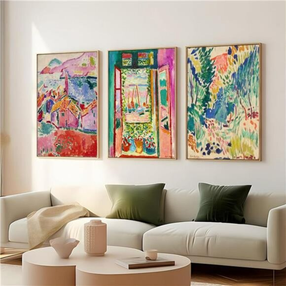 Colorful abstract wall art set of 3 pink canvas prints boho artwork for bedroom - Picture 4 of 8
